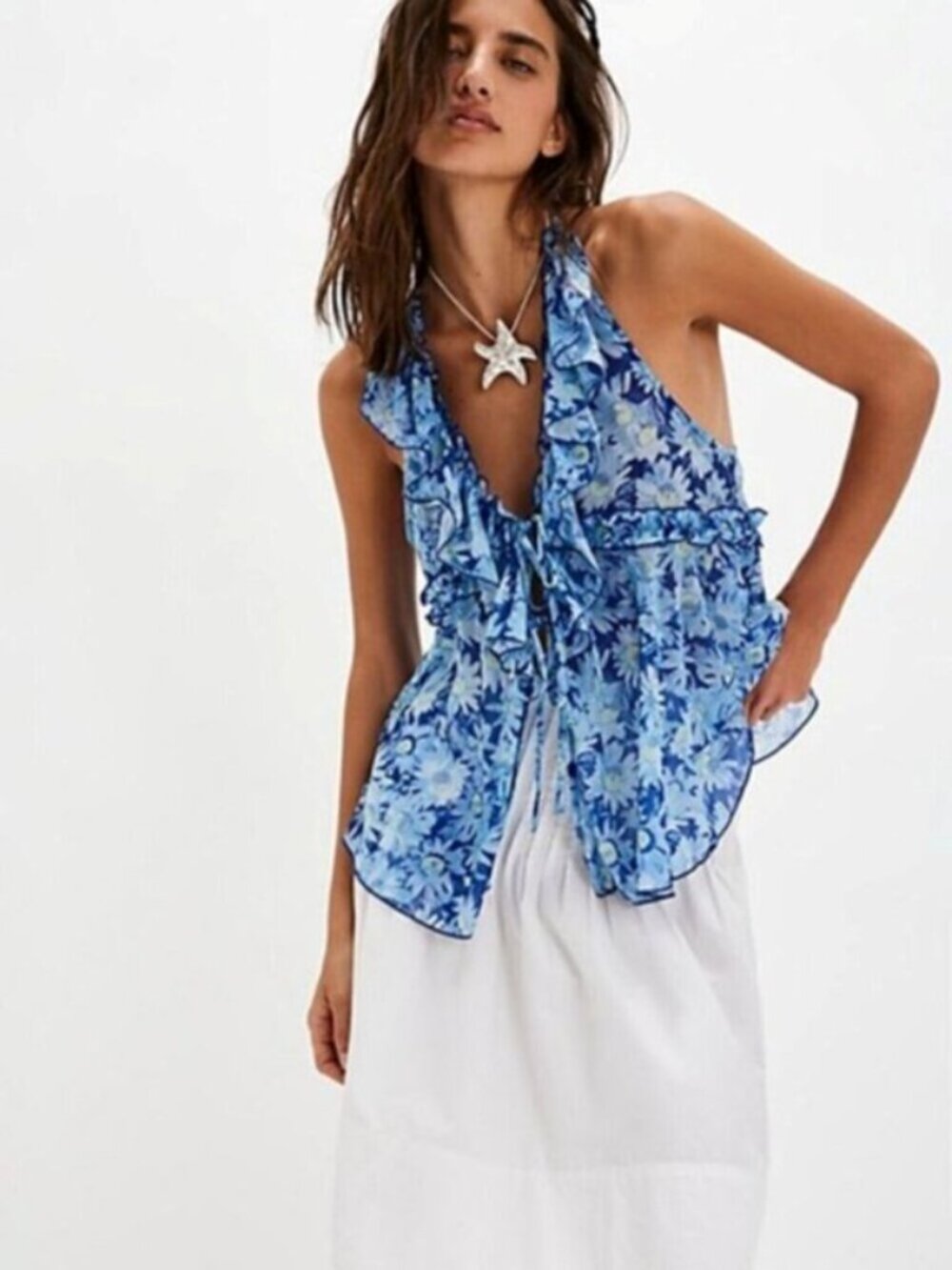 FREE PEOPLE Fearless Knit Tank Floral Blue Size XS NWT